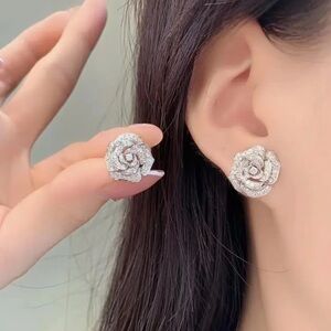 White Golden Plated Camellia Flower Stud Earrings